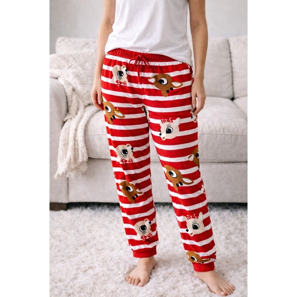 Women's Christmas Pajama Pants‎ Reindeer Print Red White Size XL